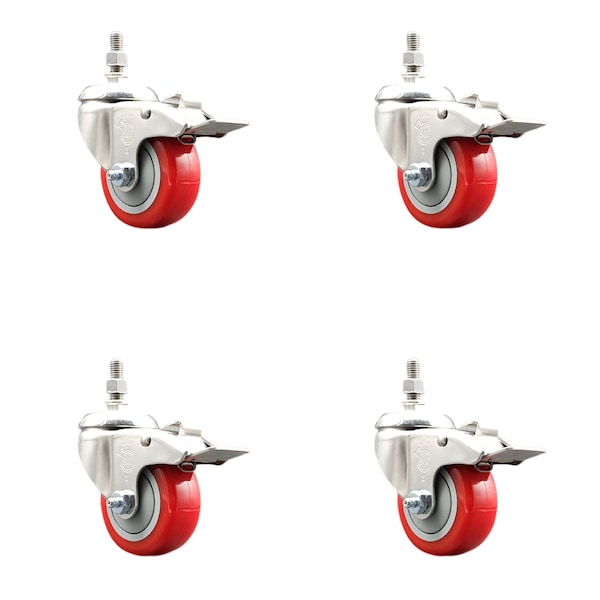 Service Caster 3 Inch 316SS Red Polyurethane Wheel Swivel 3/8 Inch Stem Caster Set Lock Brake SS316TSTTL20S314-PPUB-RED-381615-4 - main